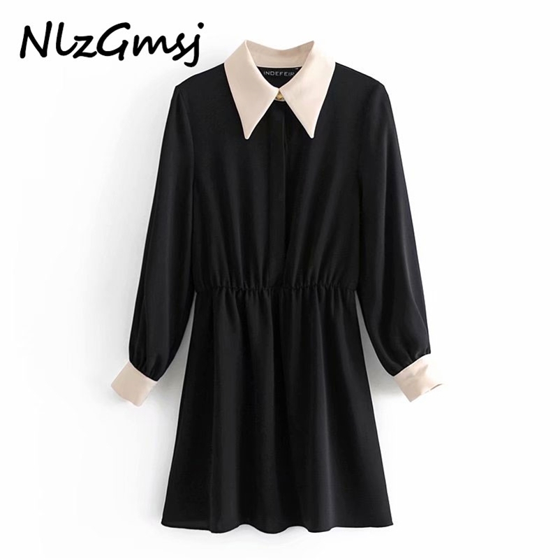 

Women Patchwor Black and white dress Turn-down Collar Long sleeve Mini slim waist chic party mujer 210628, As picture