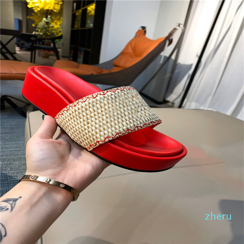 

designer slippers platform womens slides thick bottom fashion luxury letter lady slide straw sandal High heel beach Flip Flops Su, Red