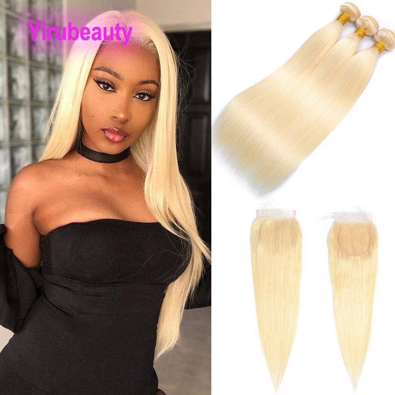 

Indian Human Hair Extensions Silky Straight 613# Three Bundles With 4*4 Lace Closure Free Middle 3 Part 16-30inch Blonde