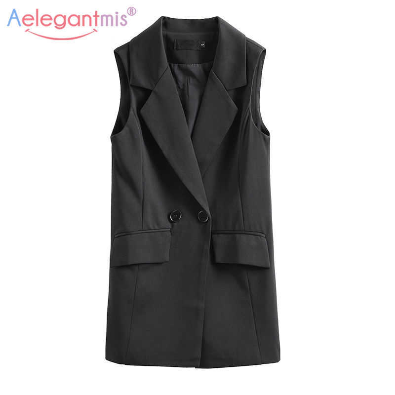 

Aelegantmis Office Lady Long Casual Vest Women Classic Loose Black Pocket Waistcoat Woman Elegant Slim Sleeveless Outerwear Chic 210607
