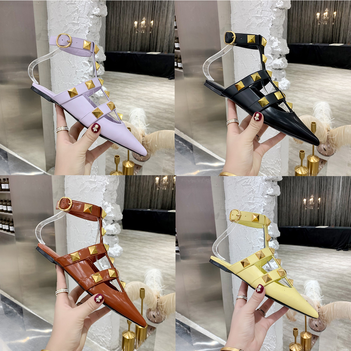 

[With box]2021 Casual Designers shoe Sexy lady fashion Brand Women studded spikes point toe strappy high heels bride wedding shoes, Black