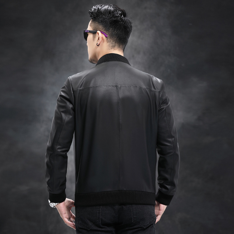 

2021 fall/winter new men's leather jacket baseball collar casual, Black