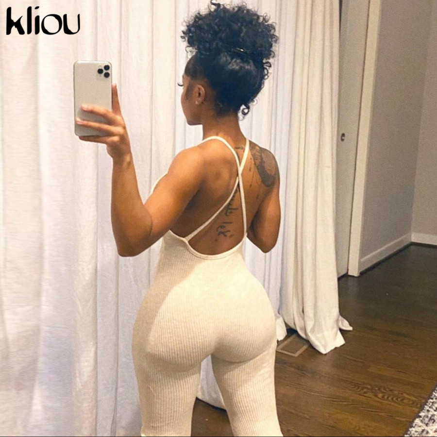 

2011kliou v-neck skinny jumpsuit women summer 2021 hollow out partywear halter sleeveless streetwear outfit fitness backless, Black;white