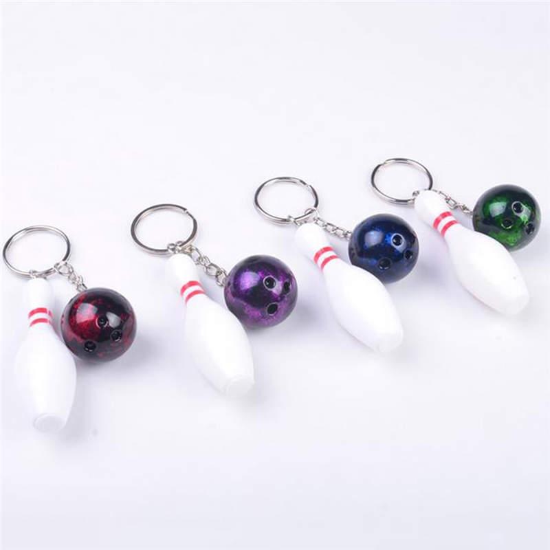 

Keychains 1pc Creative Fake Mini Bowling Pin And Call Keychain Novelty Metal Ball Key Chain For Promotion Gifts