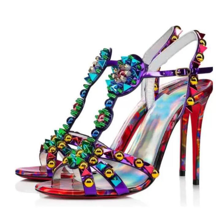 

summer Miss Goldora Red Bottomi Sandals Shoes Women Patent Leather High Heels Party Wedding Luxury Designer inlaid pearls Gladiator leather silver spikes