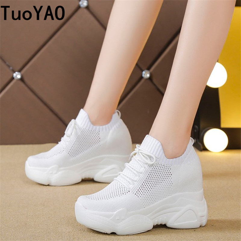 

Women Sneakers Mesh Casual Platform Trainers White Shoes 9CM Heels Autumn Wedges Breathable Woman Height Increasing Shoes 2021