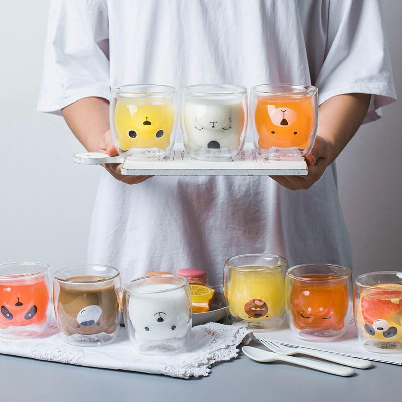 

Mugs 201-300ml Cute Bear Double-layer Coffee Mug Double Glass Cartoon Baby Cat Animal Milk Lady Cup Christmas Gift