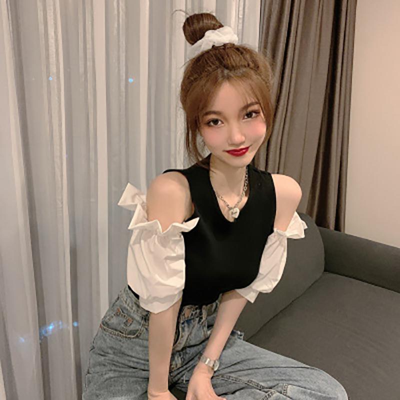 

Women's T-Shirt Show Thin Dress Hollow Out Dew Shoulder Short-sleeved Knitted Summer 2021 Joining Together Cultivate One's Morality, Black