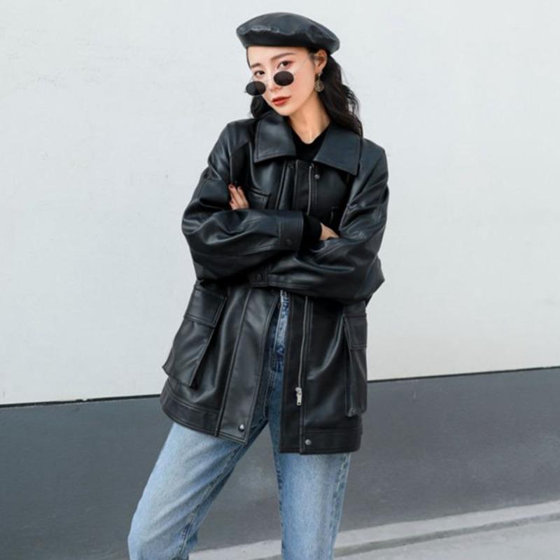 

Women's Leather & Faux Jackets For Women Spring Autumn Loose BF Mid-length Lapel Korean Zipper Belt Punk Jaquetas Feminina Deri Ceket, Black