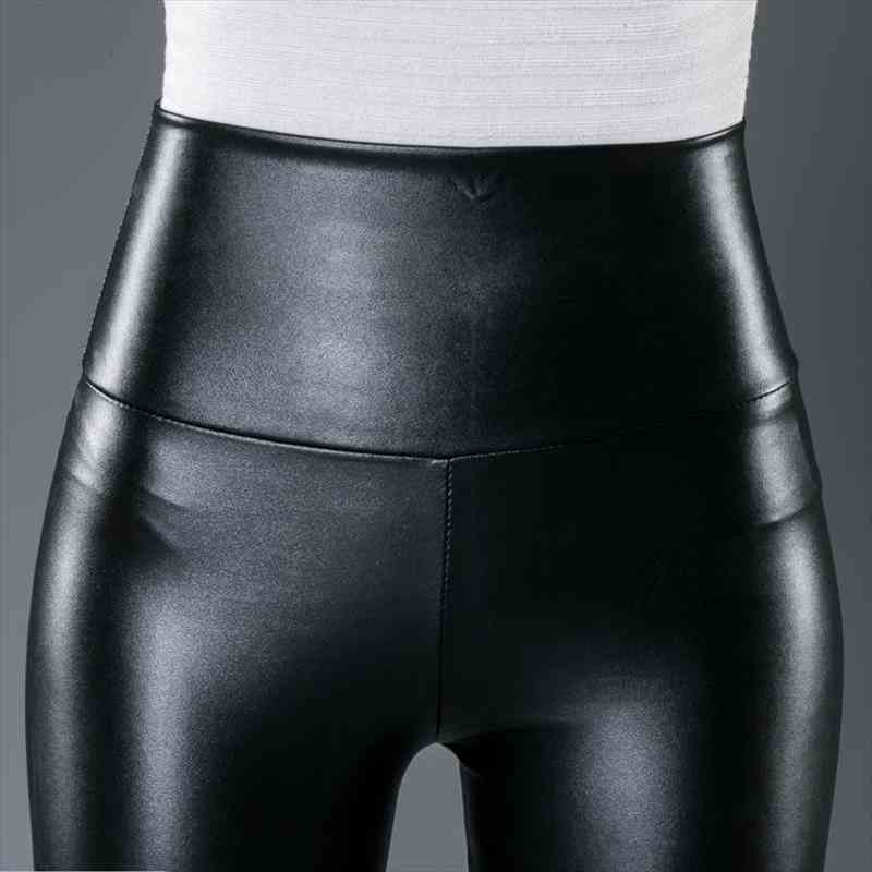 

1pcs Spring Autumn Style High Waist Imitation Leather Pants Thin Outside 5size Enlarged Slim Ladies Leggings Xs S M L, Black