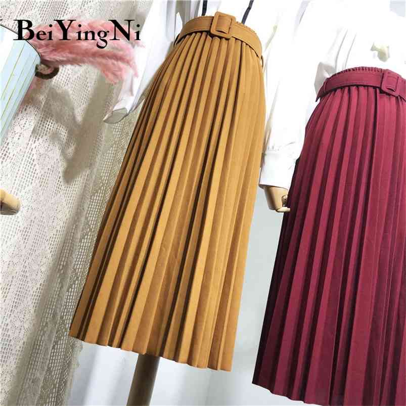 

Beiyingni High Waist Women Skirt Casual Vintage Solid Belted Pleated Midi Skirts Lady 11 Colors Fashion Simple Saia Mujer Faldas 210721, Blue without belt