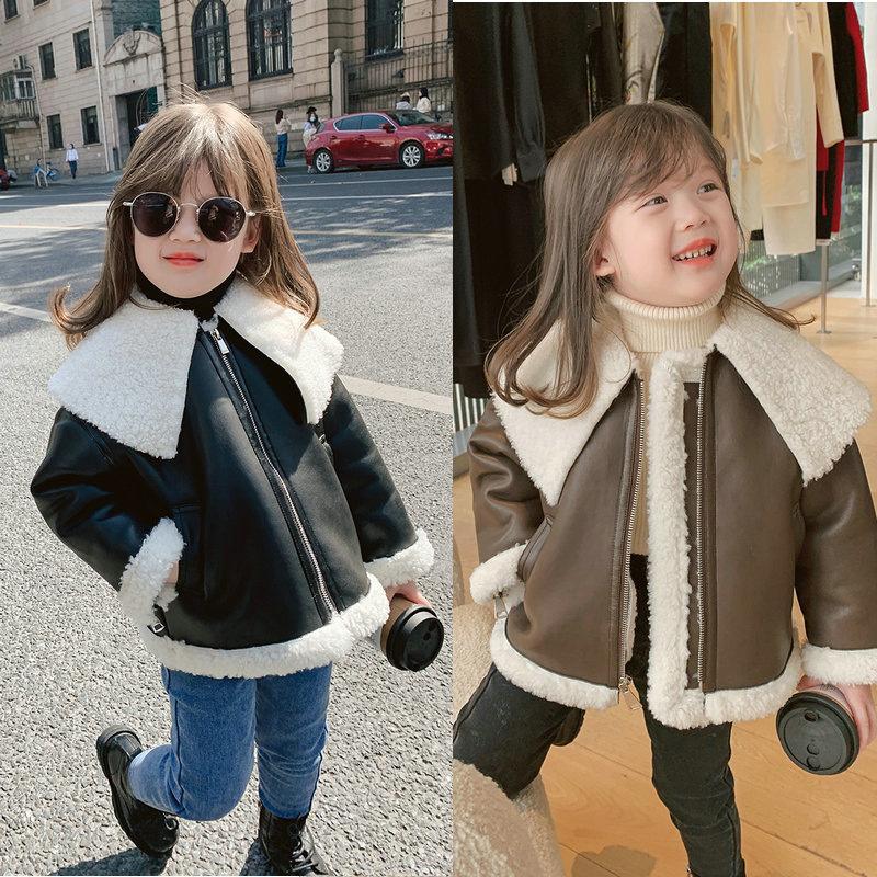 

Jackets Lamb Cashmere Thickened PU Leather Jacket For Kids Winter Coats And Outerwear Warm-Keep Children's, Blue;gray