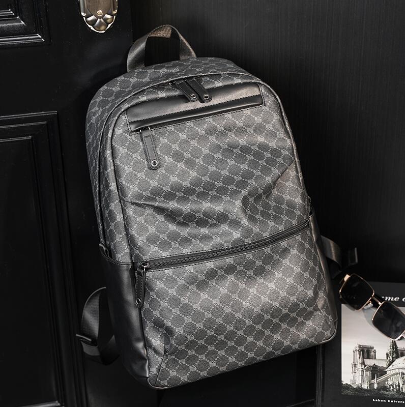 

Wholesale men leathers shoulder bags with large capacity and multifunction printed backpacks College wind Joker leather studentbag trend plaid computer bag, Black