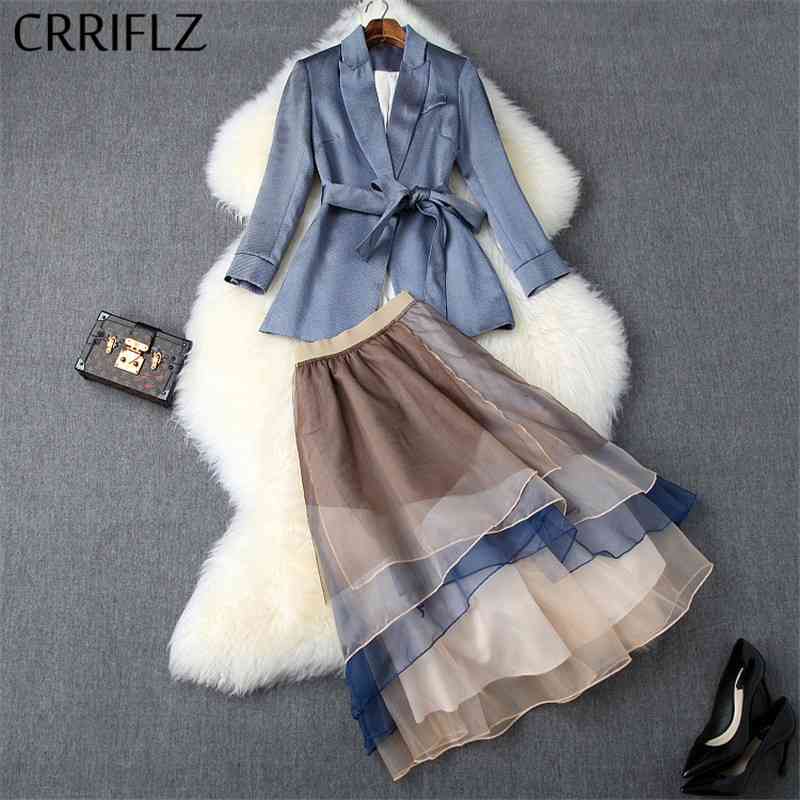 

Winter Women Set Full Sleeve Bow Sashes Blazer Organza Ruffles Skirt 2 Piece Elegant Blue Patry Dress Office Lady 210520