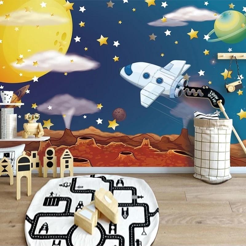 

Wallpapers Custom Stars Moon Airplane Cartoon Mural Universe Starry Sky Children Room Baby Bedroom Wall Decor Self Adhesive Wallpaper, Silk cloth