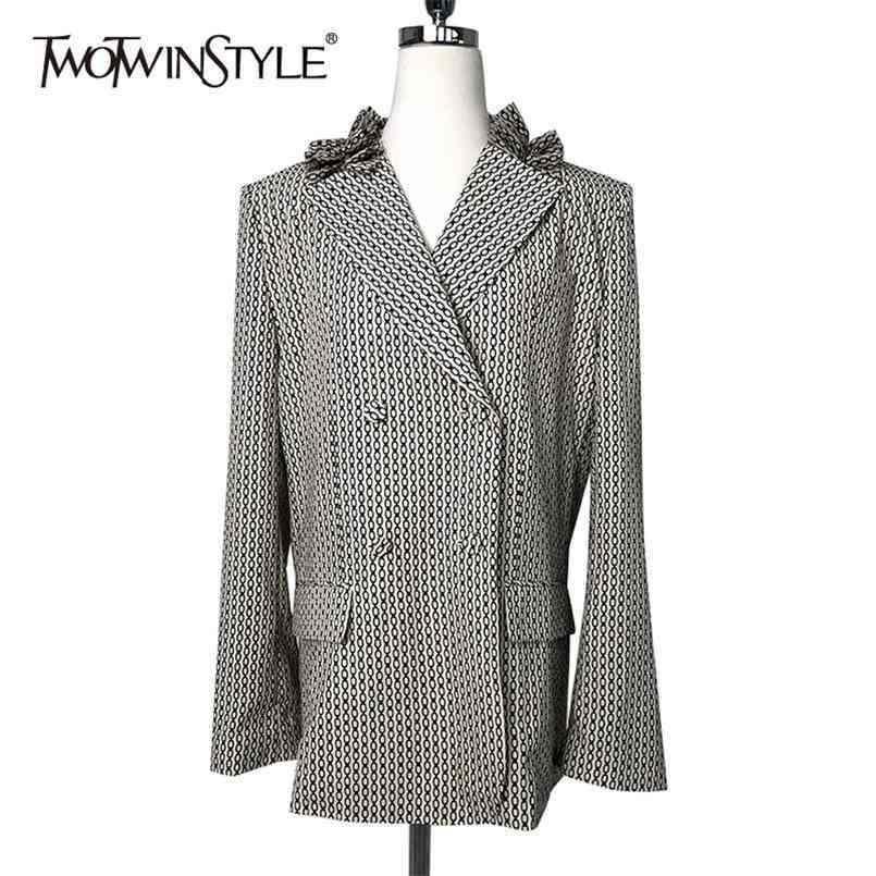 

Casual Patchwork Ruffle Blazer For Women Notched Long Sleeve Double Breasted Print Blazers Female Fashion 210524, White