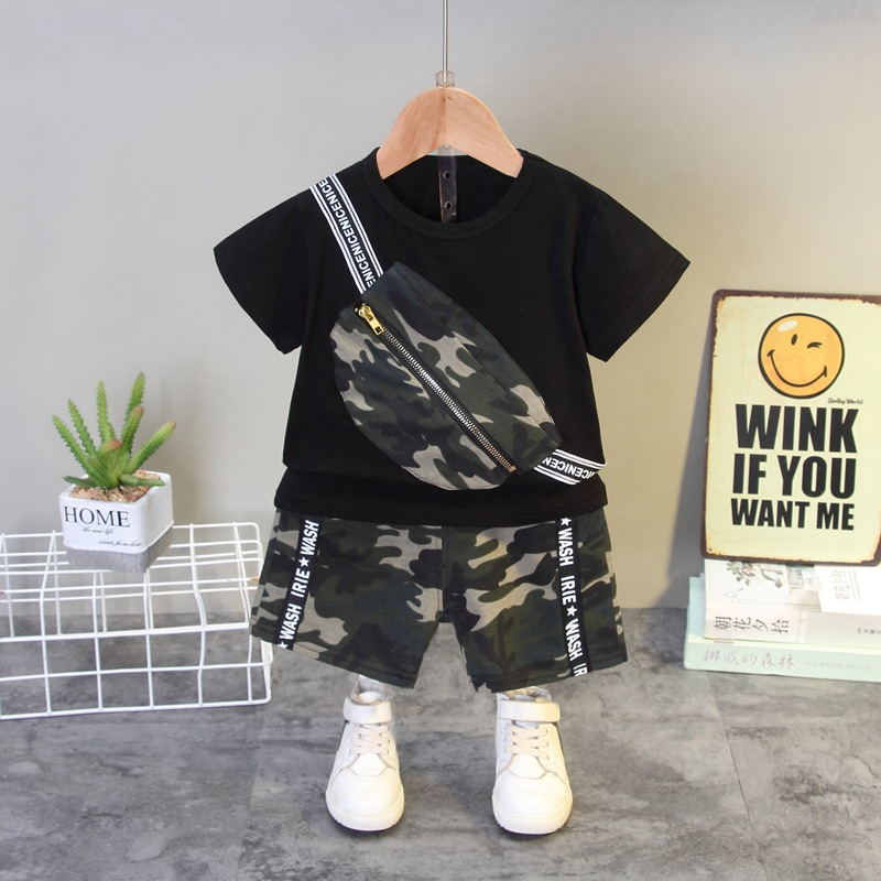 

Baby Boys Summer Clothing Sets Kids Tracksuits Camouflage small satchel T-shirt Shorts 2pcs Baby Boys Infant Sports Suits Clothes, Black