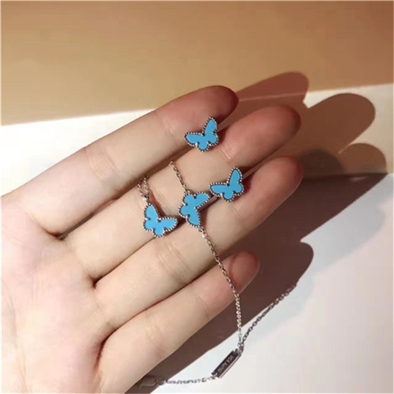 

Sweet Mini Butterfly Charms Necklace Bracelet / Earring Women In 100% Silve r Set Real Stone Original Brand Bijoux Gift, Blue turquoise