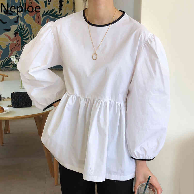 Neploe O-neck Loose Blouses Women Blusas Mujer De Moda Lace Uo Puff Sleeve Shirts Loose Pleated White Blouse Korean Tops 210422