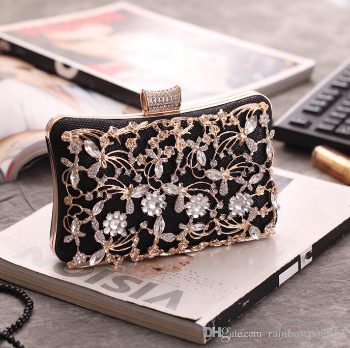 

Factory wholesale women bag boutique hollowed-out carveds dinner bags locks diamond encrusted womens handbag exquisite alloy carved dress handbags, Black(boutique packaging)