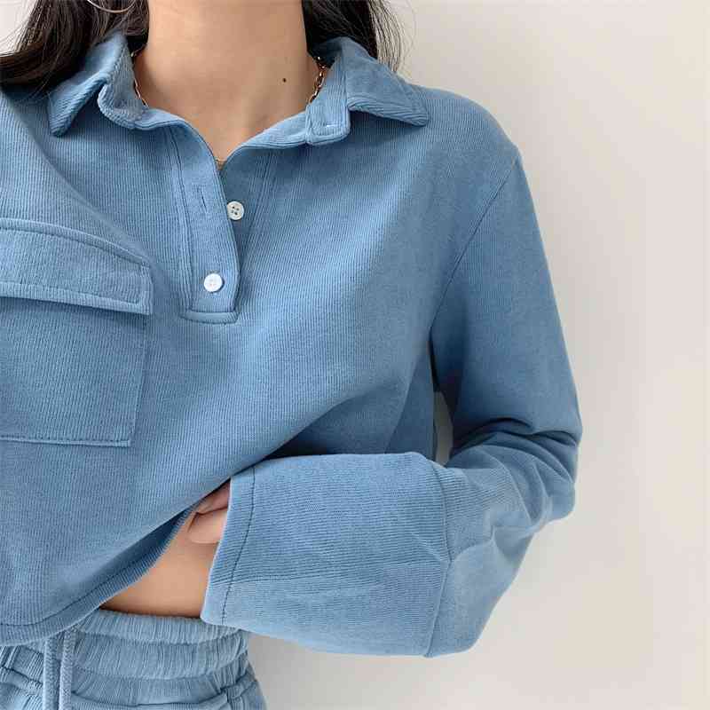 

College style short open navel sweater women' Pullover polo shirt cool simple long sleeve top winter, Blue