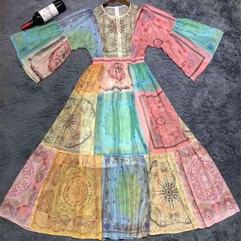 

Truevoker Runway Designer Maxi Long Dres Flare Sleeve Multi Totem Print Vocation 210602