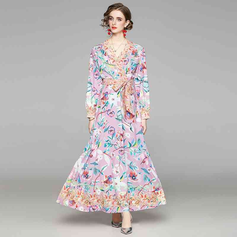 

Banulin Fashion Runway Spring Long Sleeve Maxi Dress Women's Loose Blet lace up Floral Print Elegant Party Holiday 210603, The picture color
