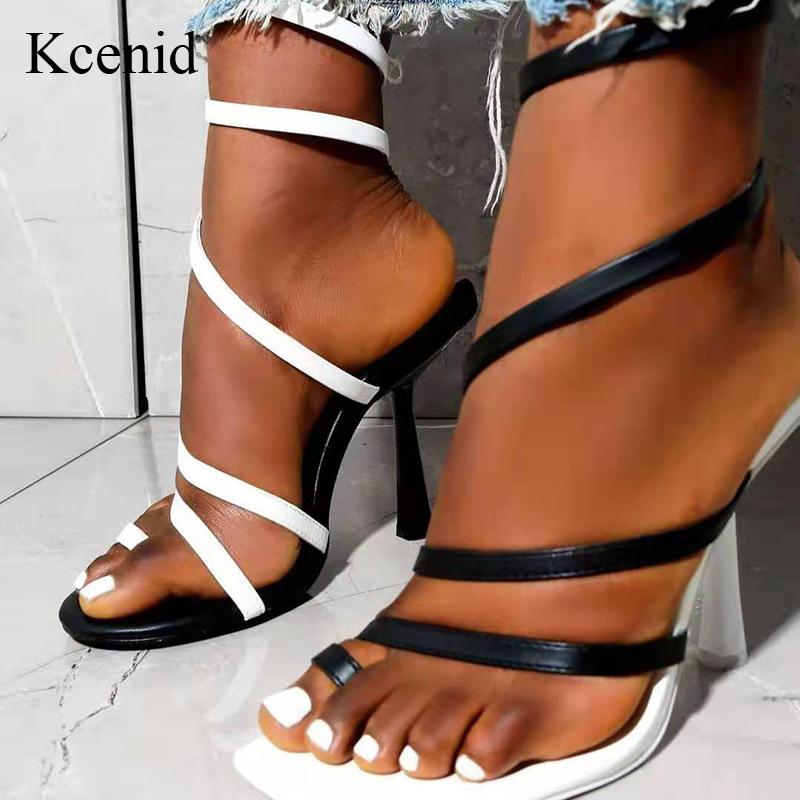 

Kcenid Mixed Black White Sandals Women Fashion Winding Narrow Band High Heels Shoes Woman Open Toe Party Pumps Lady Sandal