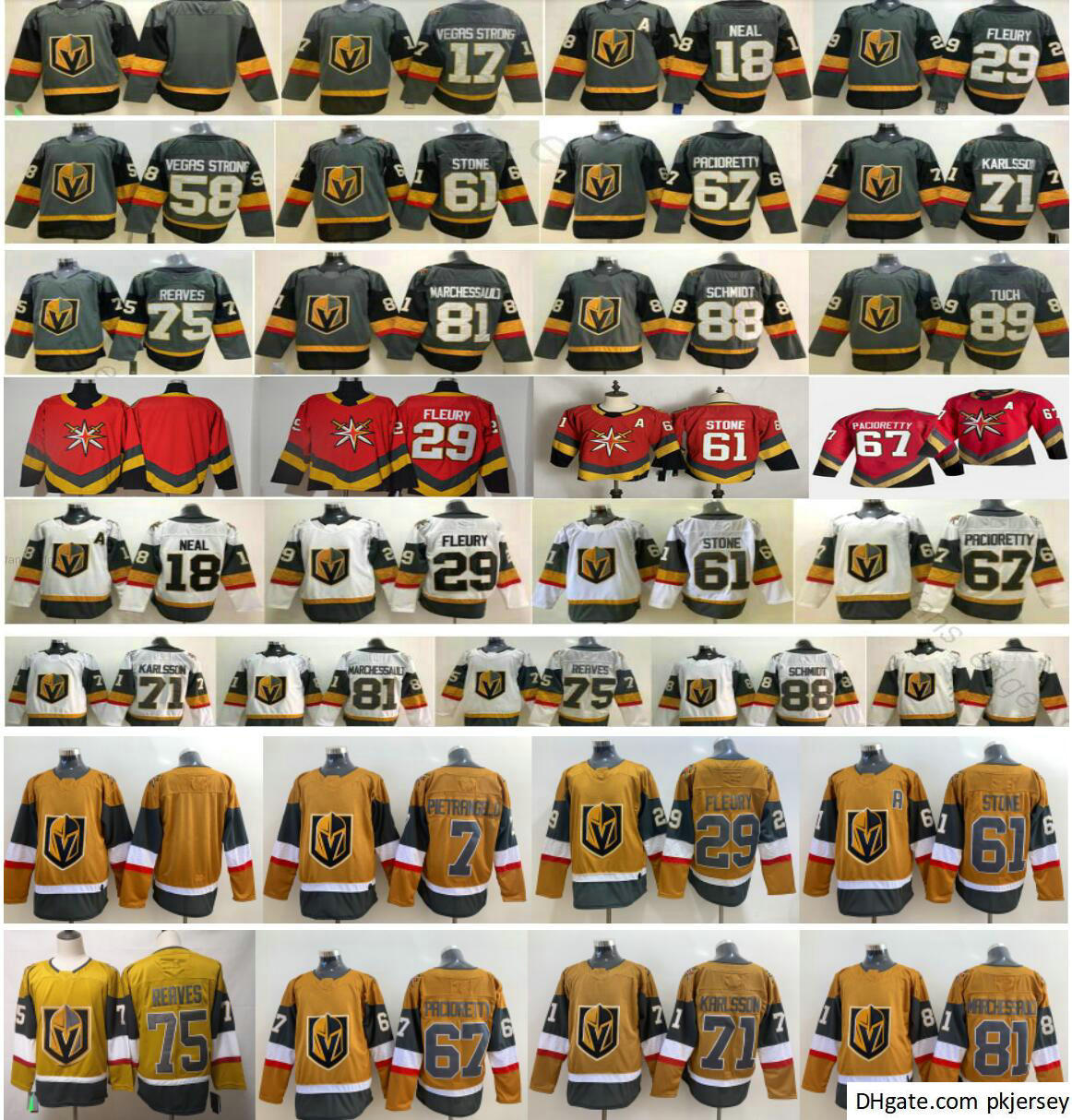 

2021 Reverse Retro Vegas Golden Knights Fleury Pacioretty 75 Ryan Reaves 89 Alex Tuch 81 Jonathan Marchessault #7 Alex Pietrangelo Jerseys, Black;red