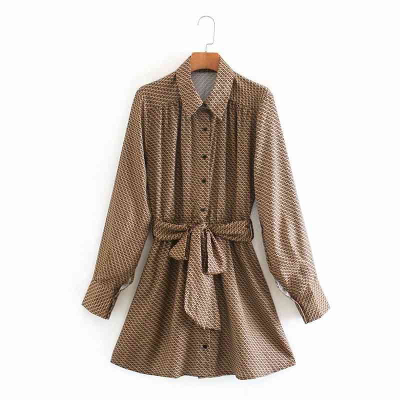 

Fashion Puff Sleeve Shirt Dress Geometry Print Turn Down Collar Mini With Belt Women Casual Office Lady NX9876 210525, Brown