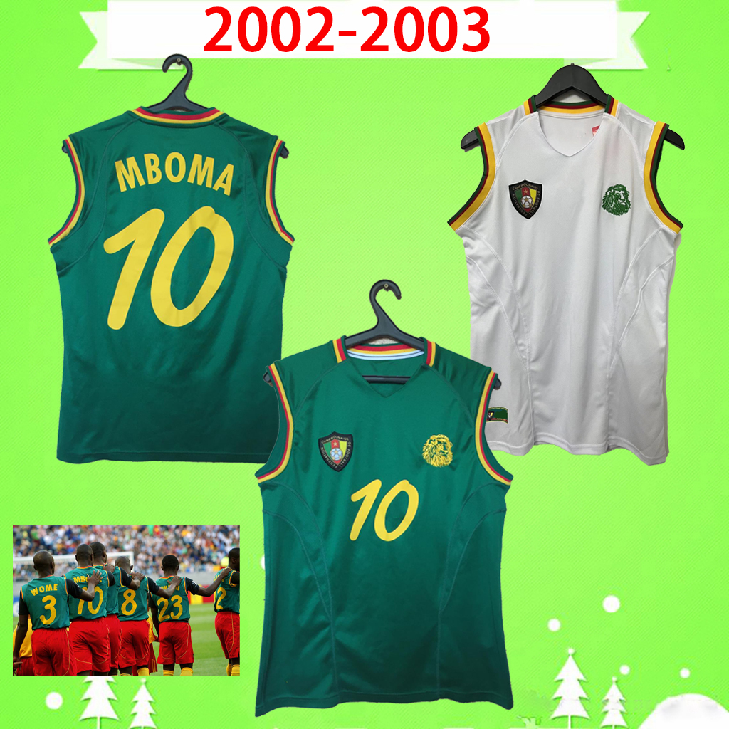 

2002 2003 Cameroon retro soccer jersey World #3 WOME Cup #10 MBOMA classic vintage vest football shirt 02 03 commemorate home green sleeveless away green white