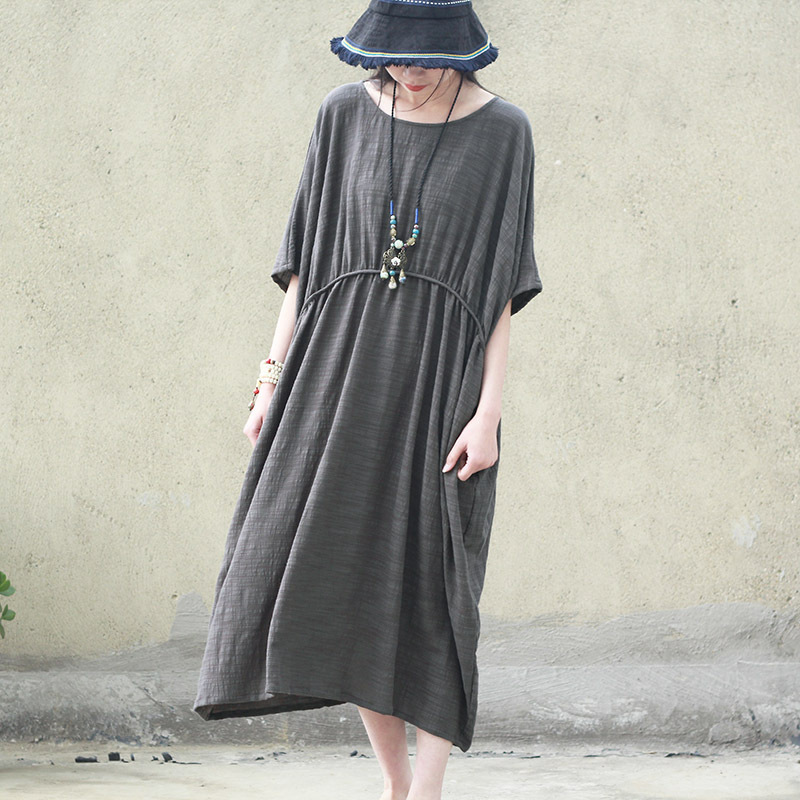 

Johnature Summer Solid Color Pockets O-neck Cotton Linen Short Sleeve Dress Loose Comfortable Women Plus Size Dresses 210521, Gray