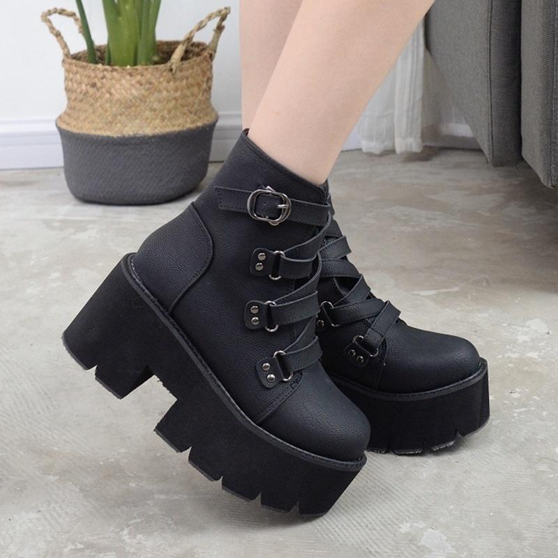 

Dress Shoes Large Dark Gothic Metal Punk Women's Spring And Autumn Buckle Thick Bottom Muffin Naked Boots Women, Black