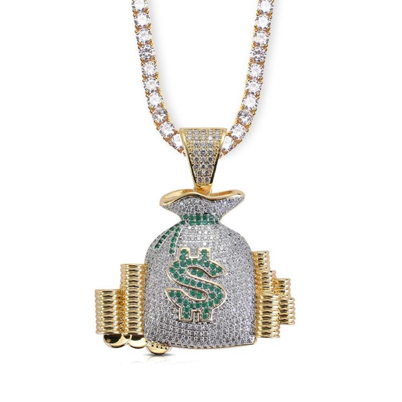 

Pendant Necklaces Iced Out Bling Hiphop Dollar Sign Bag Charm Micro Pave Lab Cash Coins Necklace