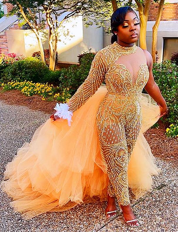 

2021 Arabic Gold Jumpsuits Prom Dresses With Detachable Train High Neck Lace Appliqued Beaded Women Plus Size Formal Evening Gowns, Orange