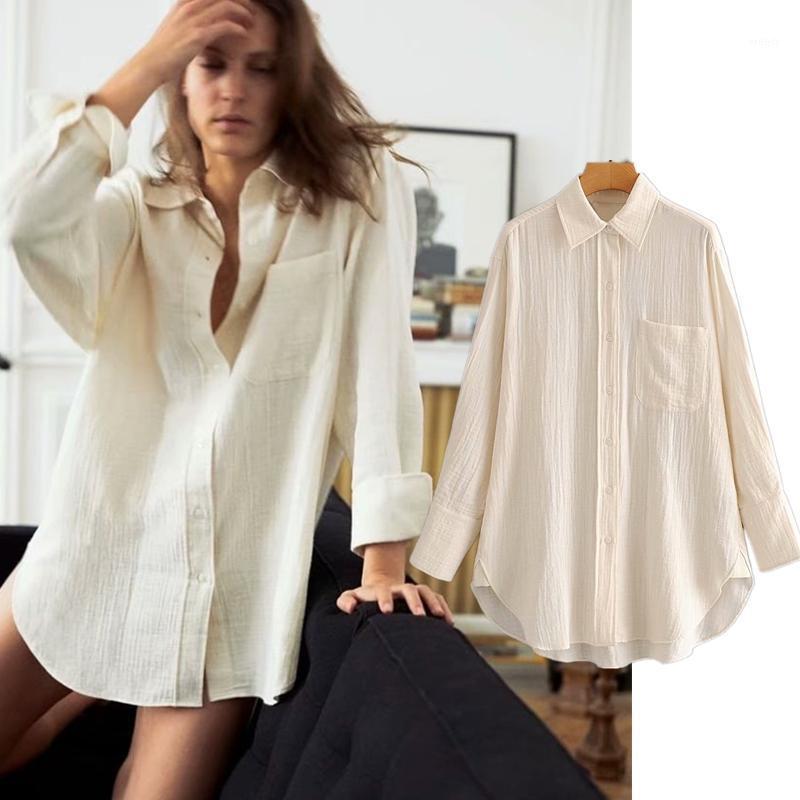 

Women's Blouses & Shirts Withered Indie Folk Vintage Texture Pockets Boyfriend Blouse Women Blusas Mujer De Moda 2021 Loose Shirt Womens Top, Beige