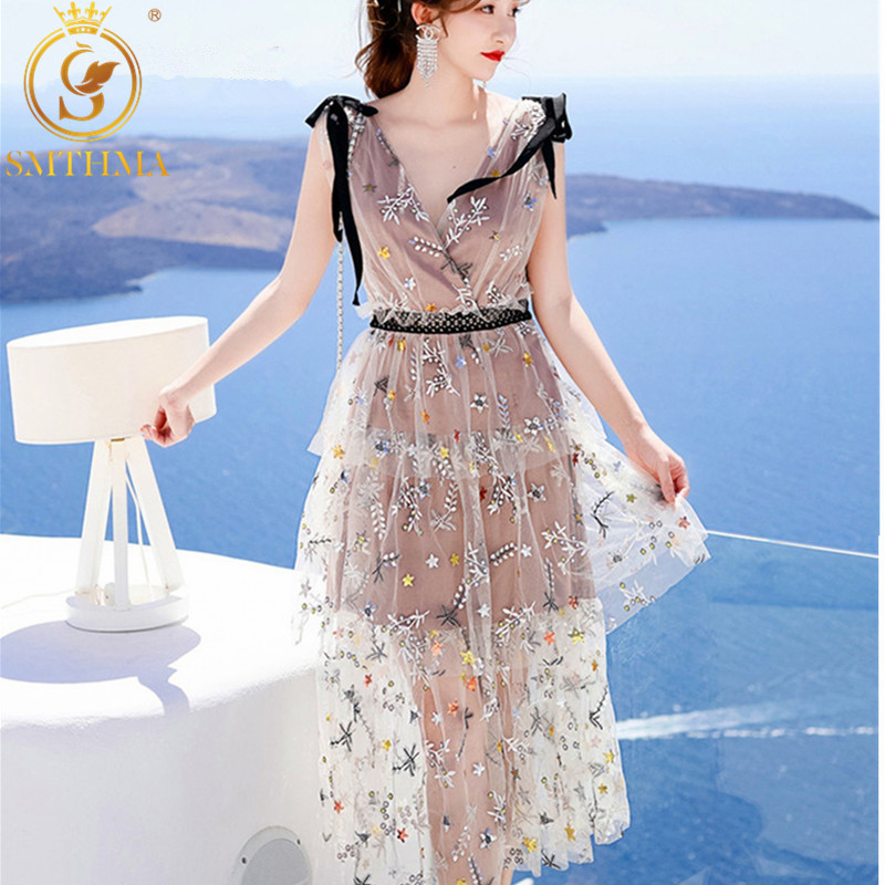 

Arrive Designer Self Portrait Mesh Sequin Embroidery Flower Dress Women Summer Sleeveless Lace Sweet Long Vestido 210520, Photo color