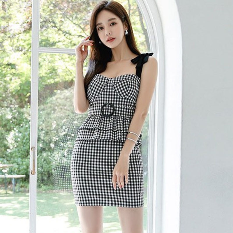 

summer women's Korean version of the houndstooth high waist slim ruffled tube top dress Sheath Sleeveless 210603, Clear