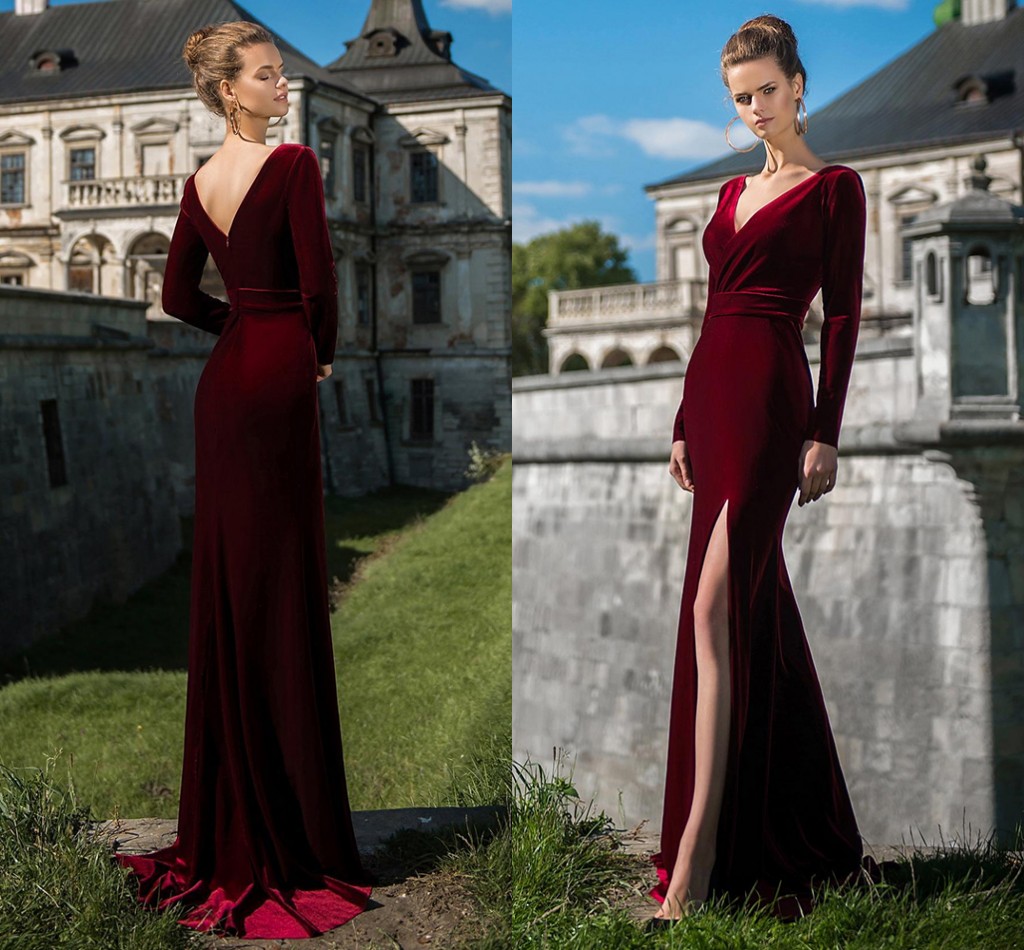 

Burgundy/Green Mermaid Evening Dress 2022 V-Neck Long Sleeves Velvet Side Split Prom Formal Gown Celebrity Wear Simplle Robe De Soiree Vestidos