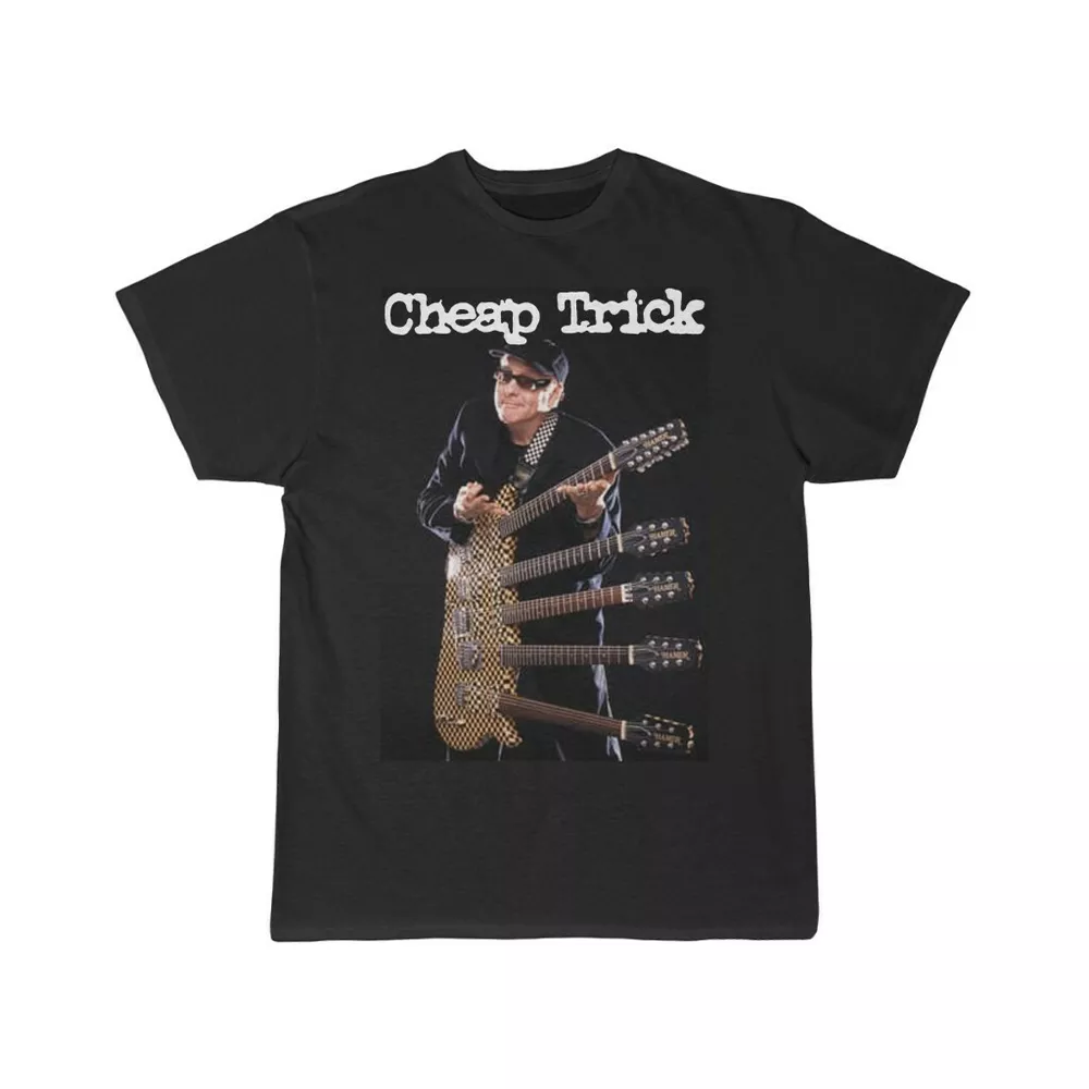 

Cheap Trick Rick Nielson and his 5 Neck Guitar Men's Short Sleeve Tee, White;black