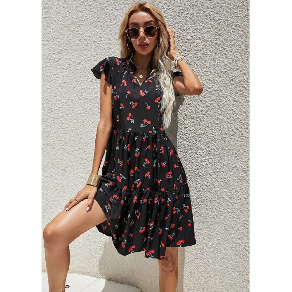 

Summer V-neck cherry print dress, Black;gray