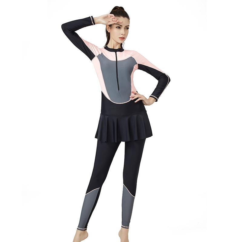 

Women Two Pieces One Jacket+ Skirt Pants Swimsuit Plus Size Sport Long Sleeve BodySuit Surfing Suit With Paded Zipper One-Piece Suits