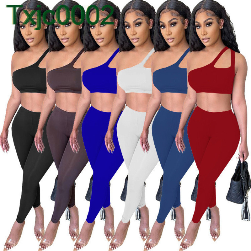 

Women Tracksuits Designer 2021 New Slim Open Belly Hanging Shoulder Temperament Commuting Sexy Multicolor 2-piece Suit Outfits, White