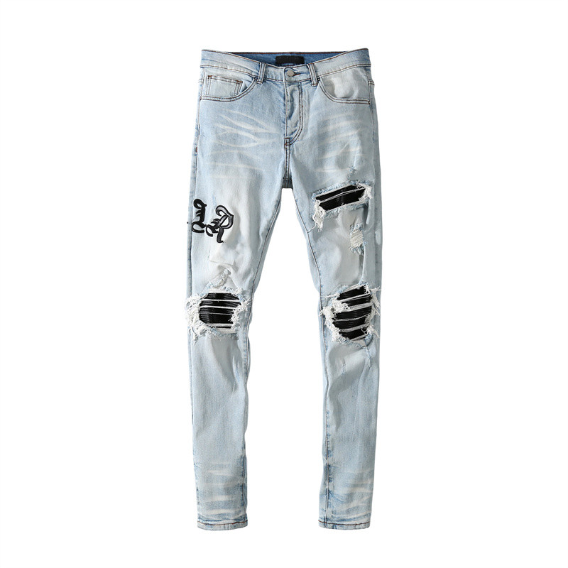 

Men's jeans light blue pierced matte letter collage European and American high street