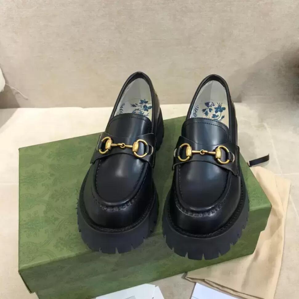 

Womens Dress Top Quality Single Shoes Chunky Heels 5cm Embroidery Printed Lining Fashion Metal Button Luxury Classic Business Loafers With Box, Black