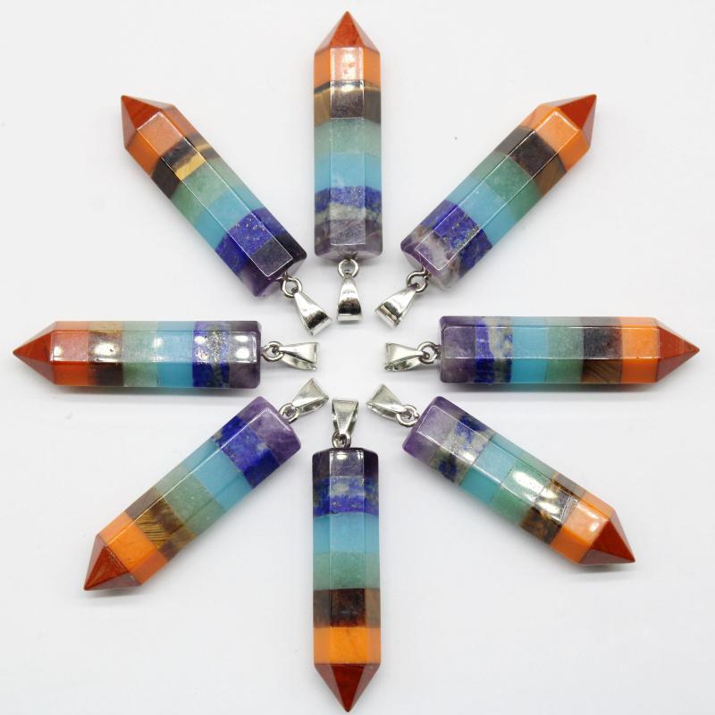 

Charms Reiki Charm Pyramid 7 Chakra Natural Stone Rainbow Layered Dowsing Healing Point Pendant Chain Pendulum Gifts Wholesale 6pcs, Bronze;silver