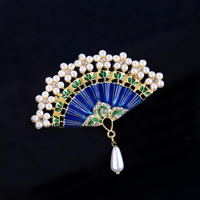 

Pins, Brooches High Quality Gold Color Alloy Blue Painted Folding Fan Brooch Classic China Style Clothes Broach
