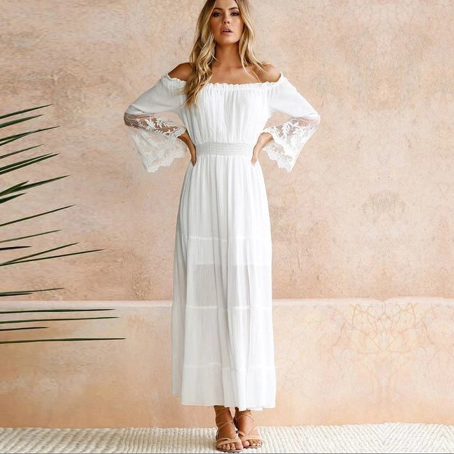 

2021teelynn long boho dress white off the shoulder beach sundress flare long sleeve splice lace women dresses summer vestidos, Black;gray