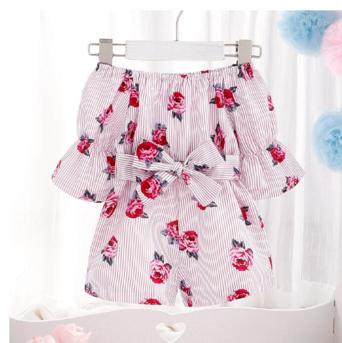 

Baby Girl Clothes Set Jumpsuit Clothing Floral Off Shoulder Bodysuit Romper+Pants, Rose
