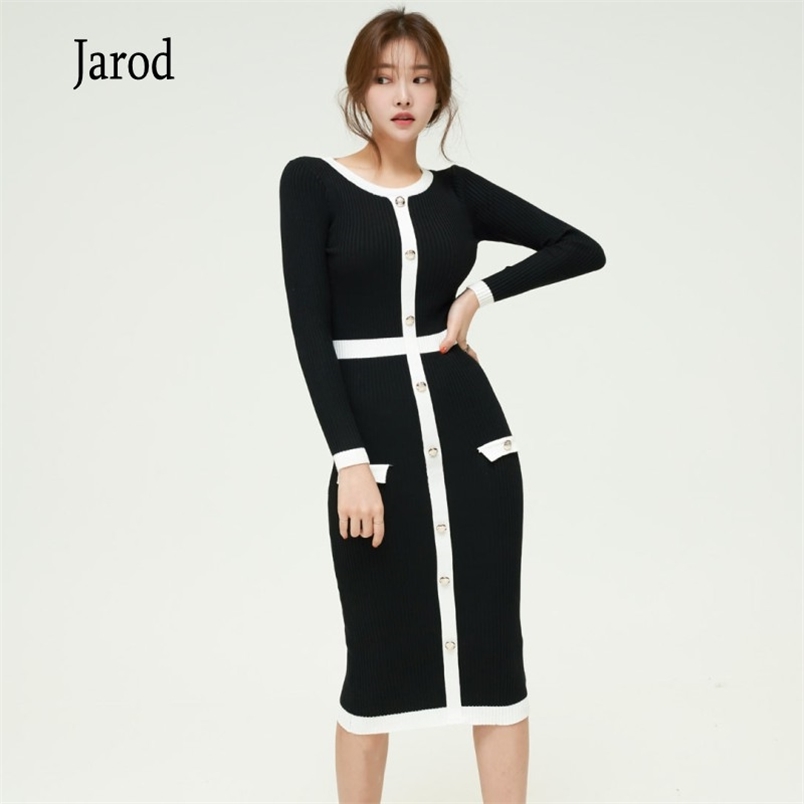 

Women fashion Hit color single-breasted Buttons Knit Midi Dress Vestidos Autumn Winter Long Sleeve Knitted sweater sheath Dresse 210519, Black